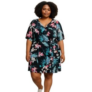 Jennifer Lopez 2X Floral Black wrap Dress with Pink and Blue Accents.